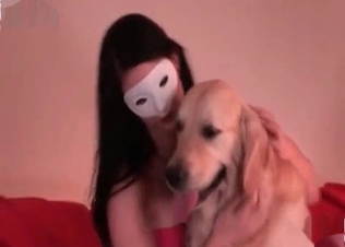 Masked zoophile pleased by a pet